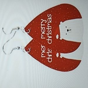 1.5 x 3 inches punched fake leather earrings Merry Christmas Red w a Bear